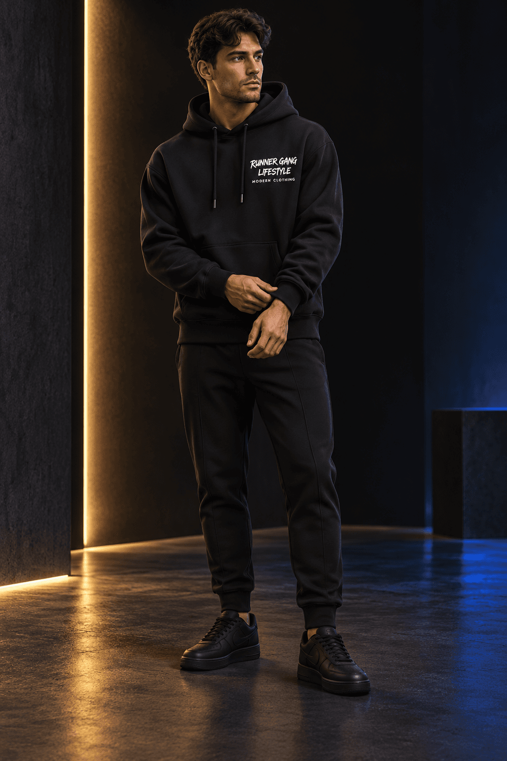 Illustrative 3D model concept wearing a black Runner Gang brush hoodie and black joggers